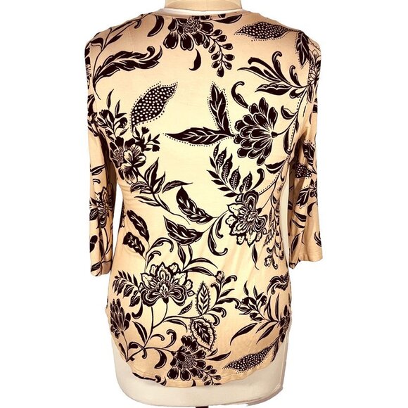 JM Collection Blouse Women's L Tan Black Floral Chintz 3/4 Sleeve Scoop Neck - Picture 5 of 10